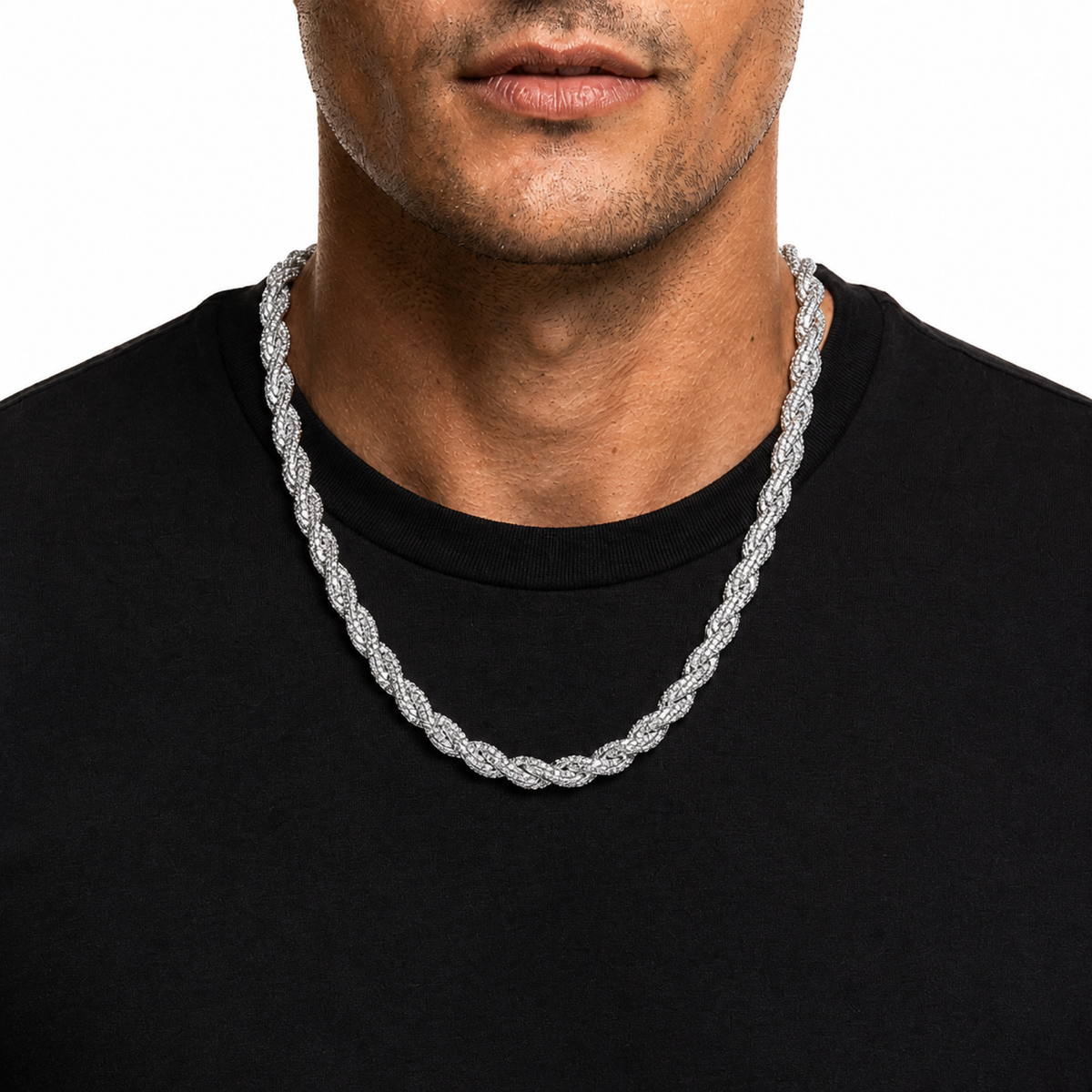 Silver 9mm iced twisted rope chain worn at a 22 inch visual length