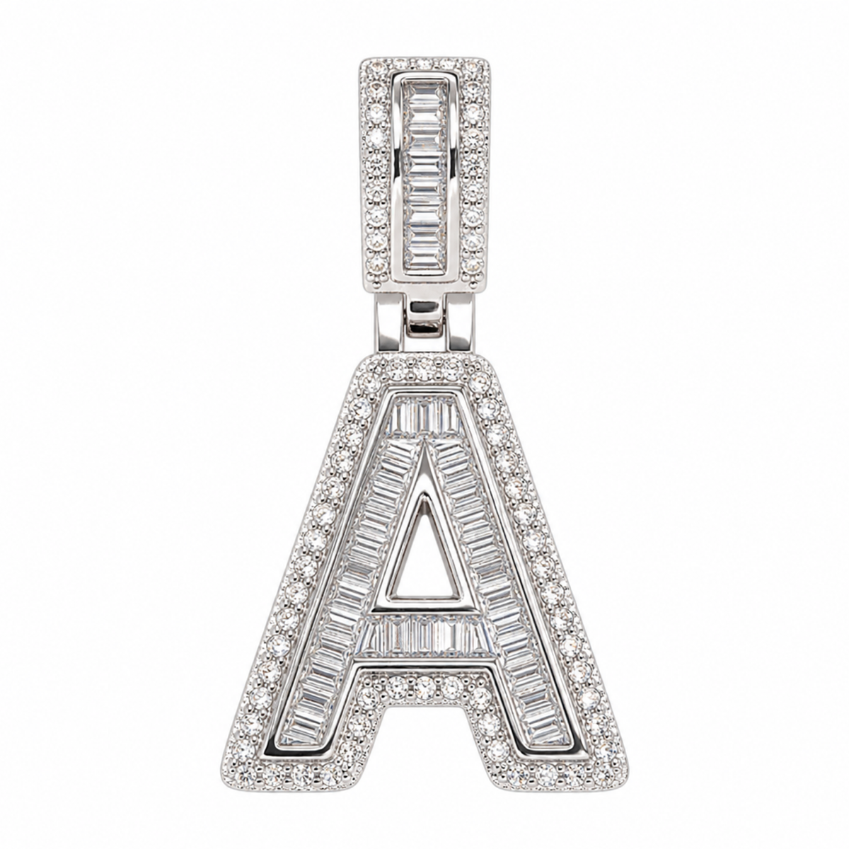 Silver iced baguette capital A initial pendant on white