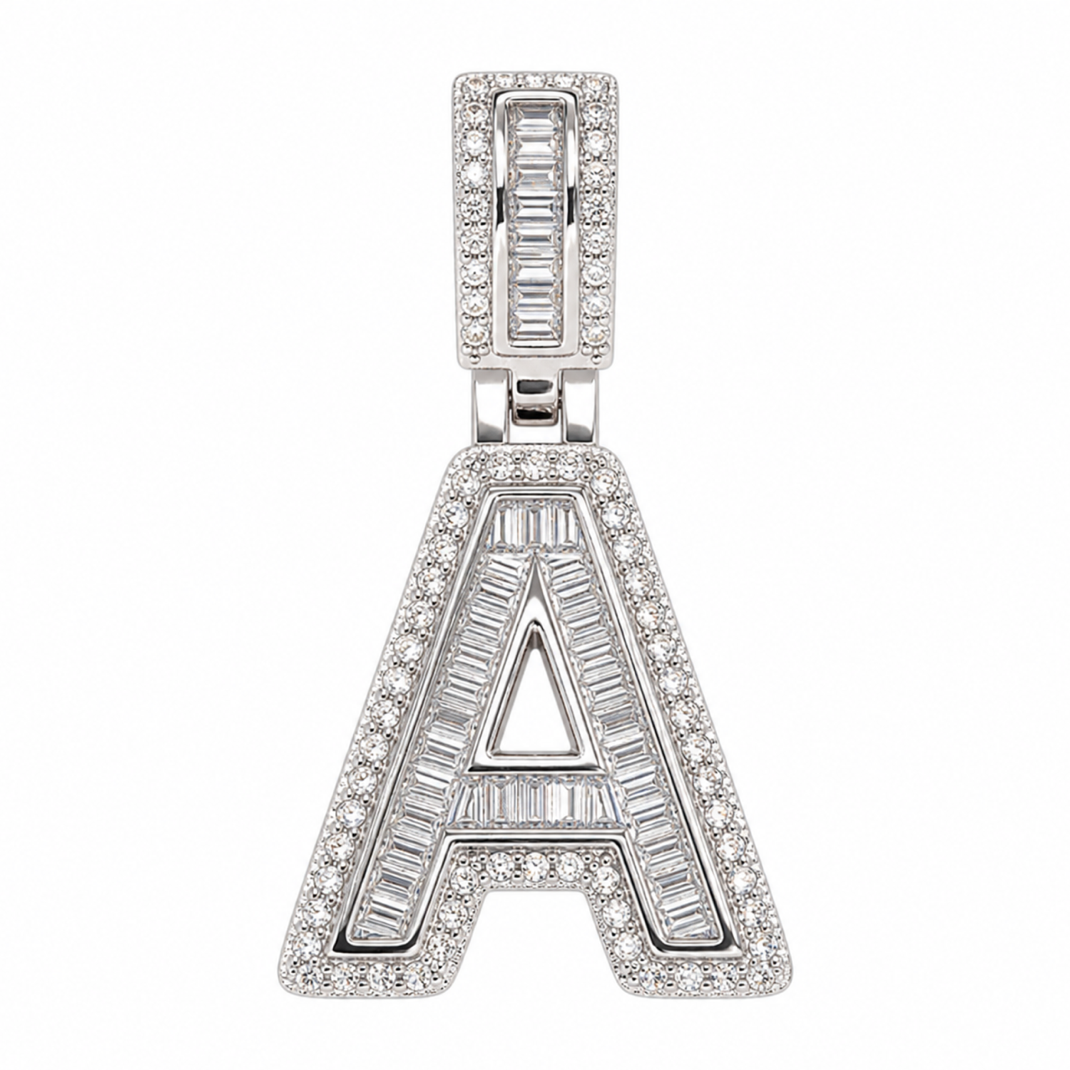 Silver iced baguette capital A initial pendant on white