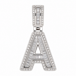 Silver iced baguette capital A initial pendant on white
