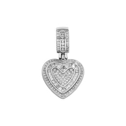 Silver baguette iced double heart pendant with cubic zirconia on white