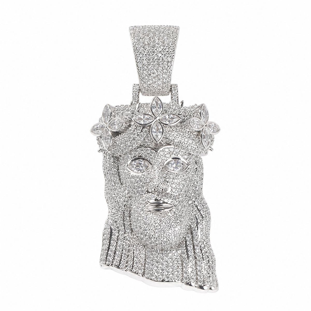 Silver-tone iced crowned portrait pendant with clear stones on white