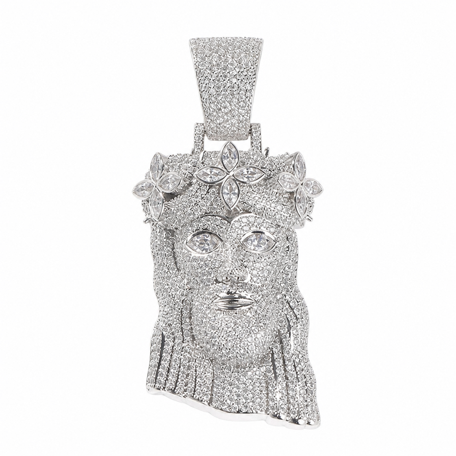 Silver-tone iced crowned portrait pendant with clear stones on white