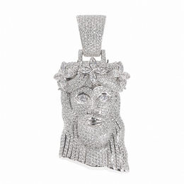 Silver-tone iced crowned portrait pendant with clear stones on white