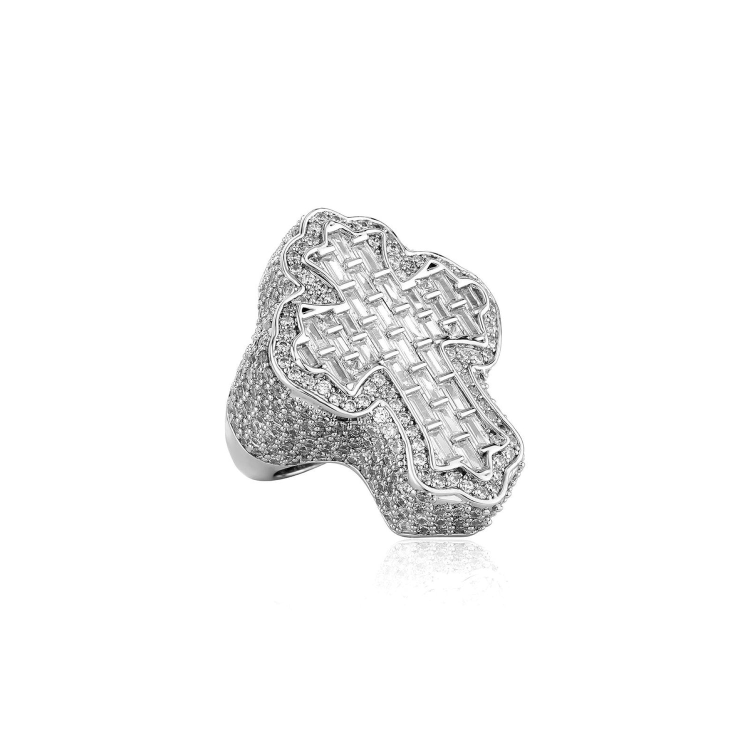 Silver 40mm vintage iced baguette cross ring on white