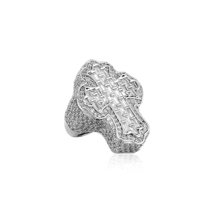 Silver 40mm vintage iced baguette cross ring on white
