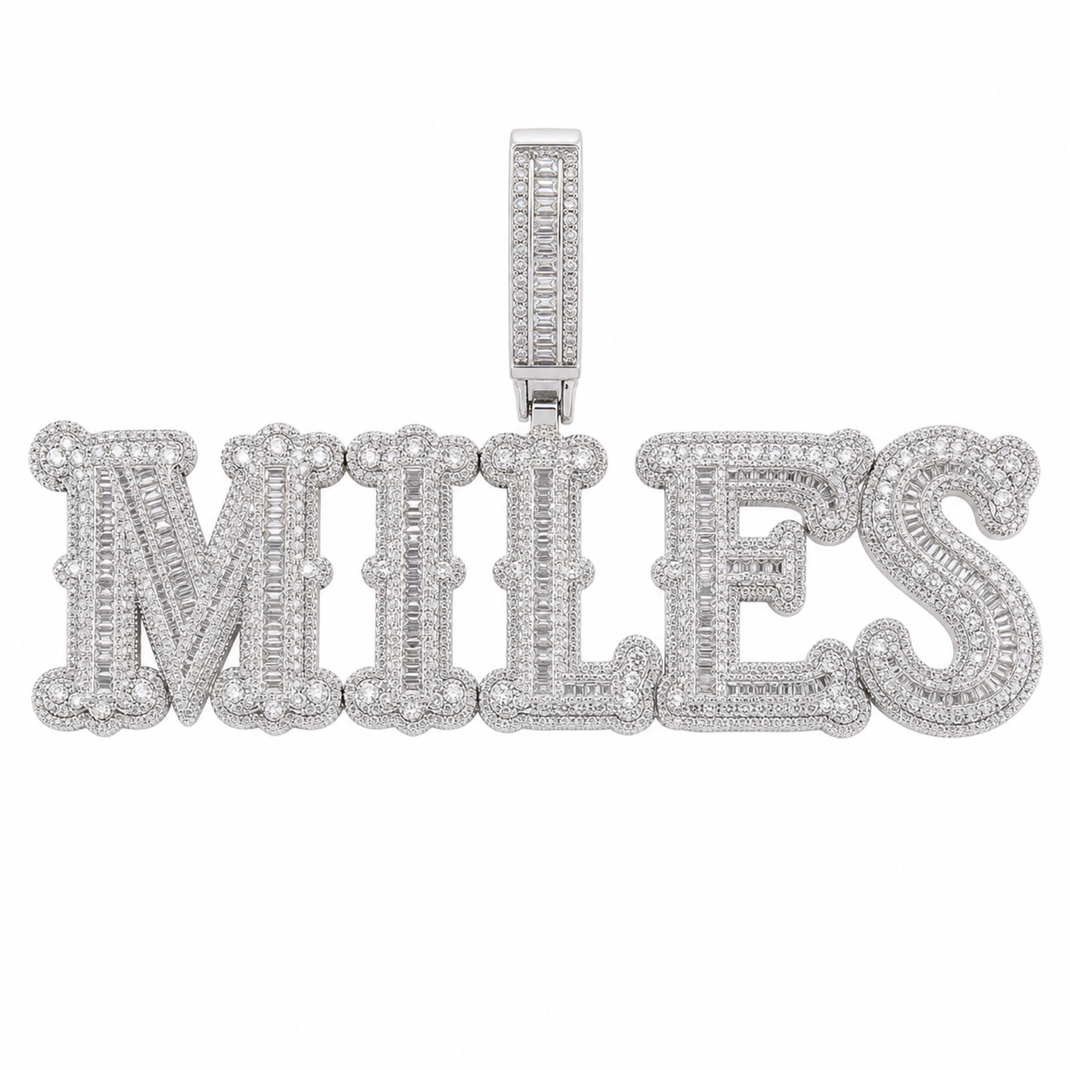 Silver custom MILES linked letter pendant with baguette zircon stones