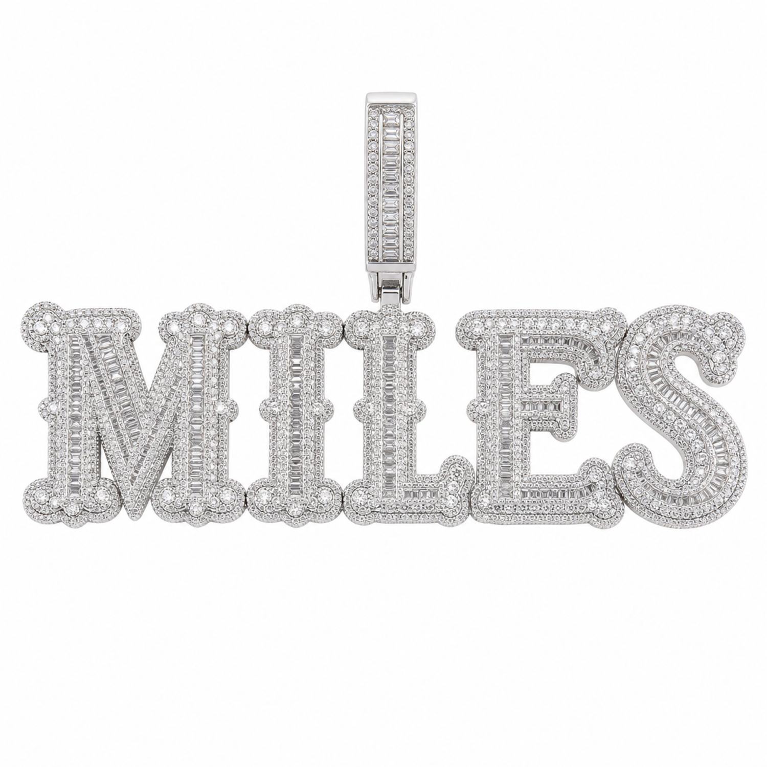 Silver custom MILES linked letter pendant with baguette zircon stones