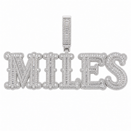 Silver custom MILES linked letter pendant with baguette zircon stones