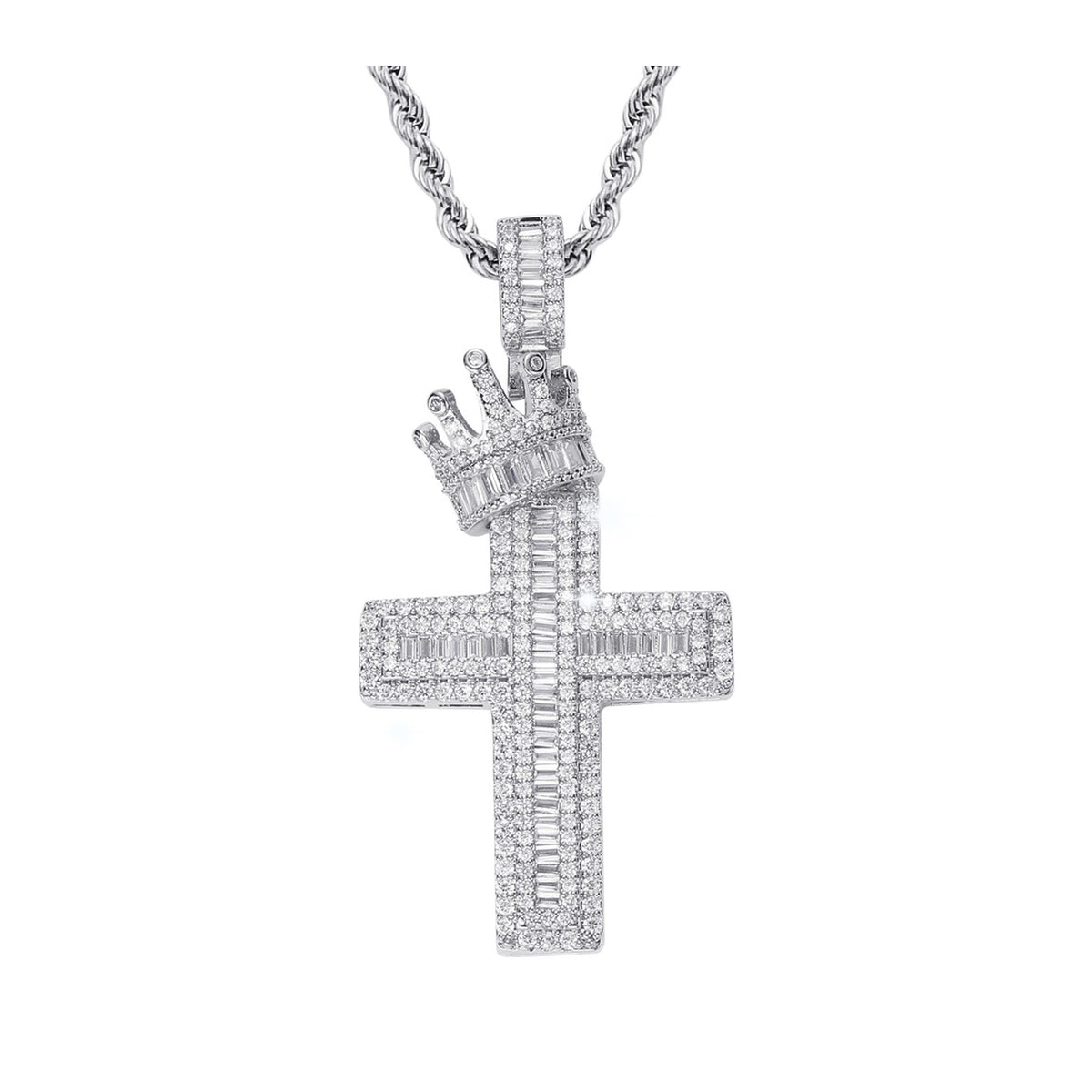Silver iced baguette cut crown cross pendant on white