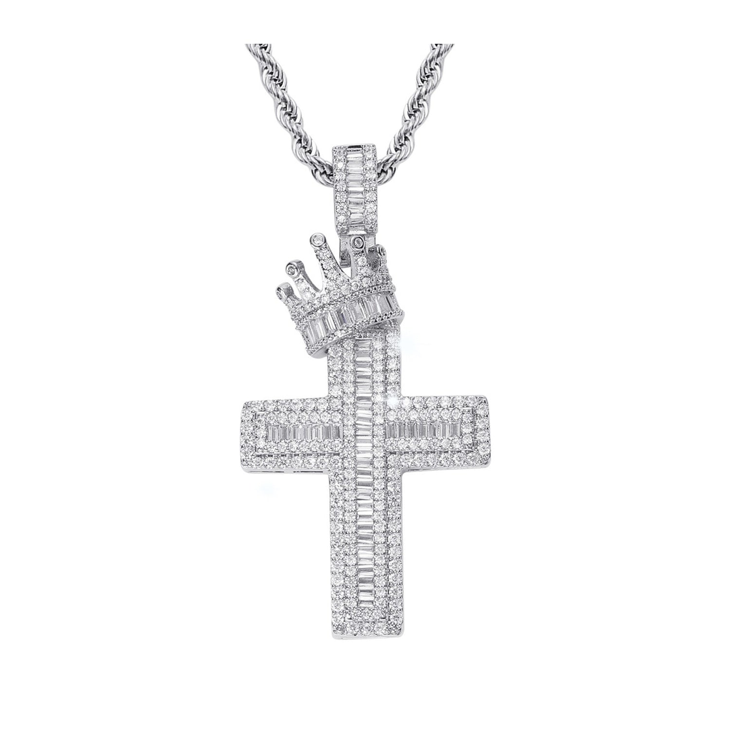 Silver iced baguette cut crown cross pendant on white