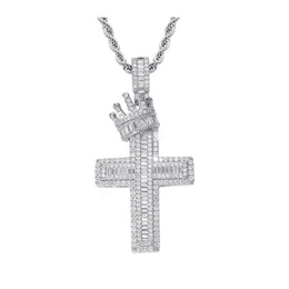 Silver iced baguette cut crown cross pendant on white