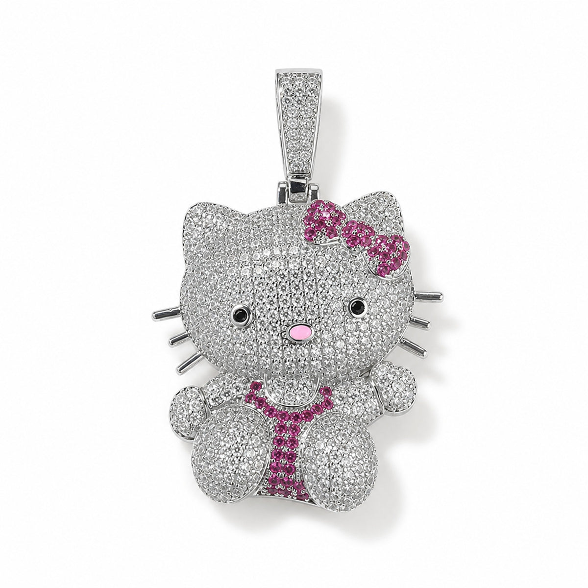 Silver iced pink bow cat pendant with clear cubic zirconia on white
