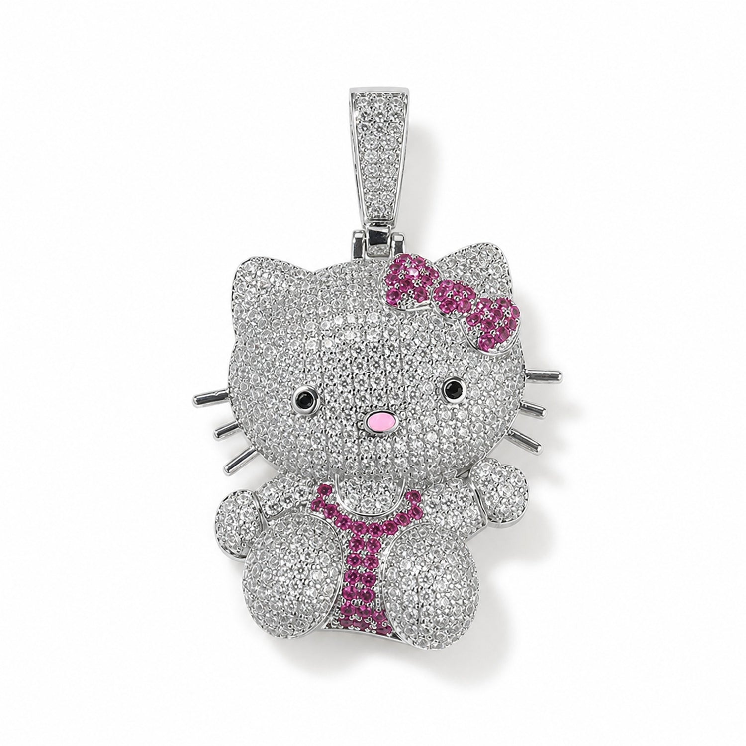 Silver iced pink bow cat pendant with clear cubic zirconia on white