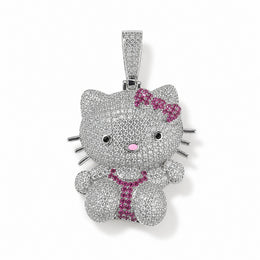 Silver iced pink bow cat pendant with clear cubic zirconia on white