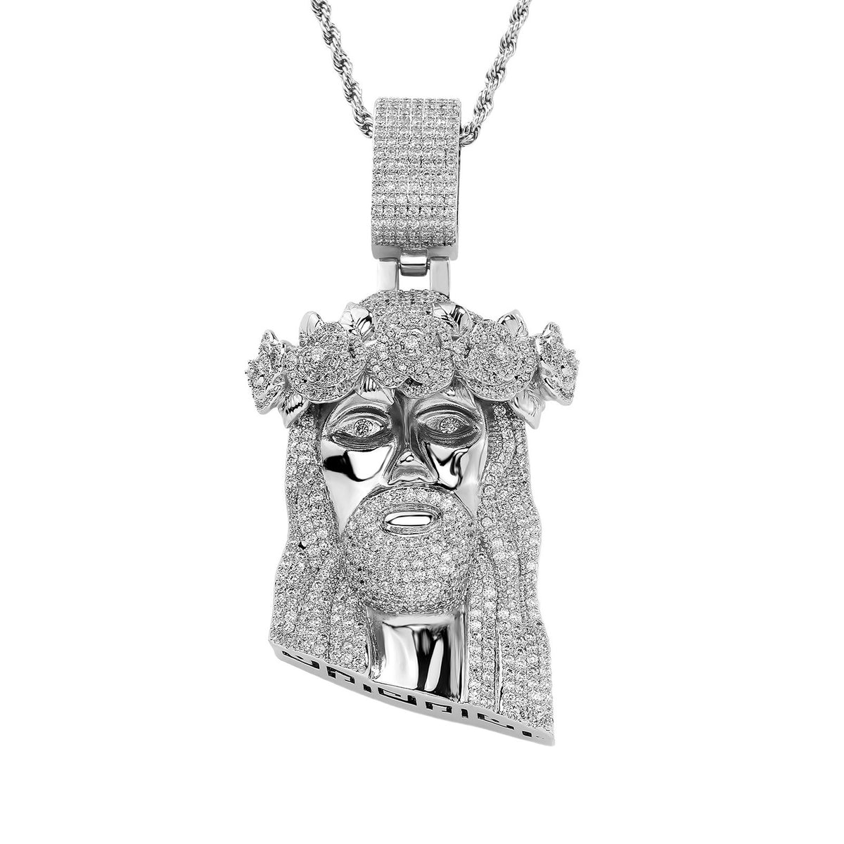 Silver iced Jesus Piece pendant centered front view on white