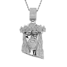 Silver iced Jesus Piece pendant centered front view on white