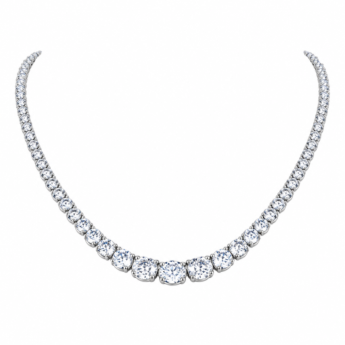 Silver-tone graduated tennis necklace in a front-facing U-shaped drape on white