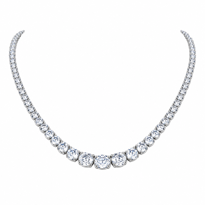 Silver-tone graduated tennis necklace in a front-facing U-shaped drape on white