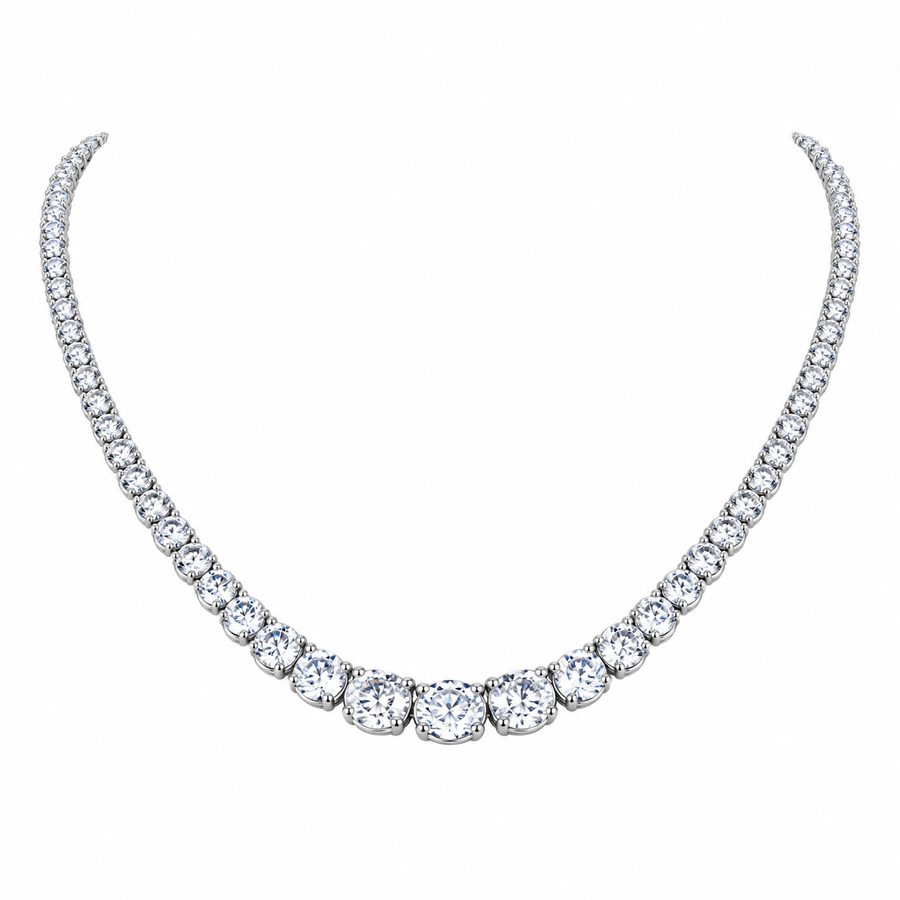Silver-tone graduated tennis necklace in a front-facing U-shaped drape on white