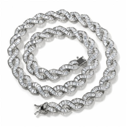Silver-tone DNA spiral necklace coiled on white, showing baguette stones and open clasp