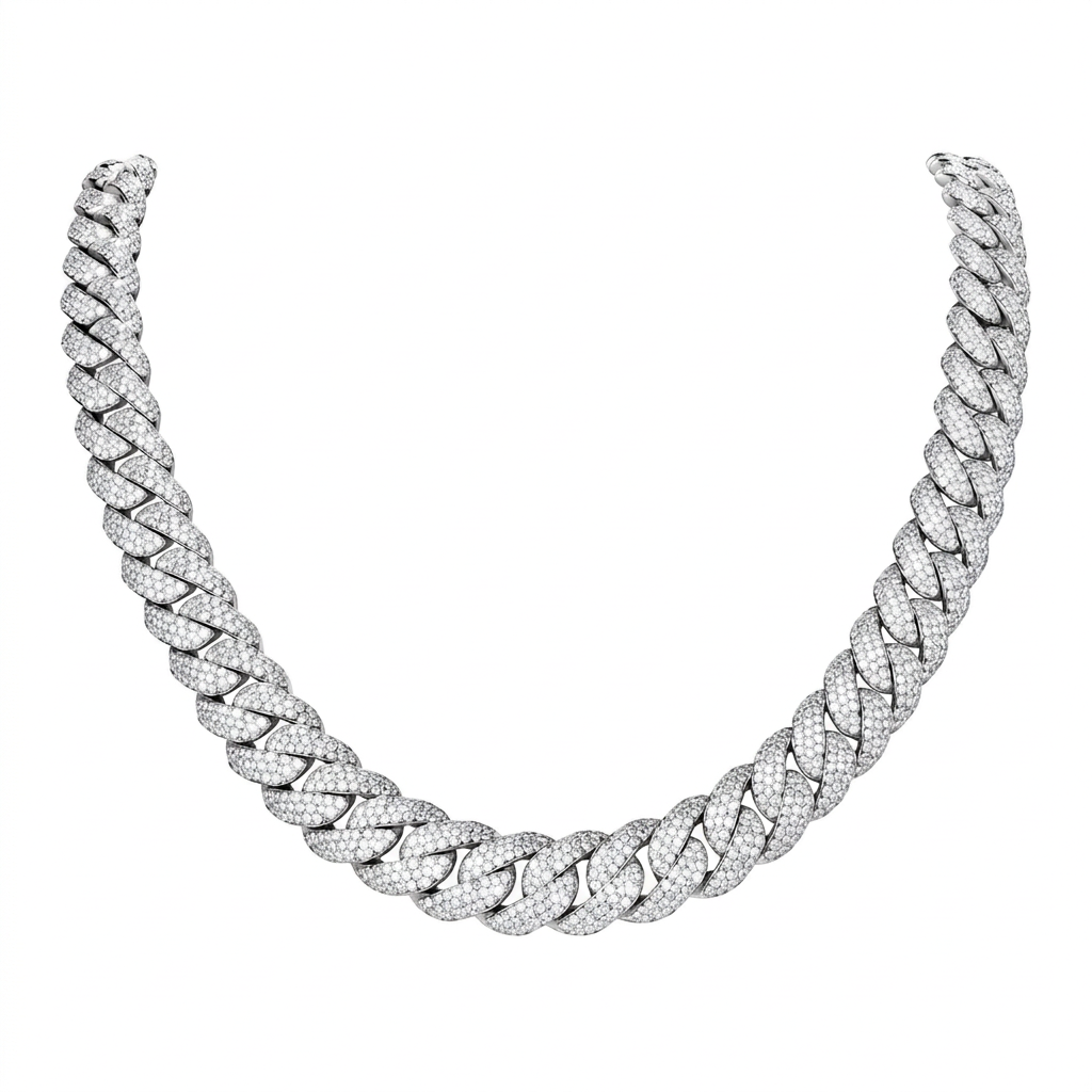Silver-tone pavé Cuban chain in a front-facing U-shaped drape on white