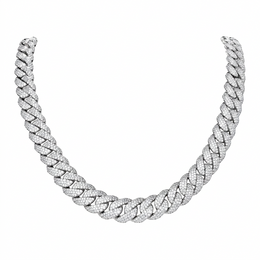 Silver-tone pavé Cuban chain in a front-facing U-shaped drape on white