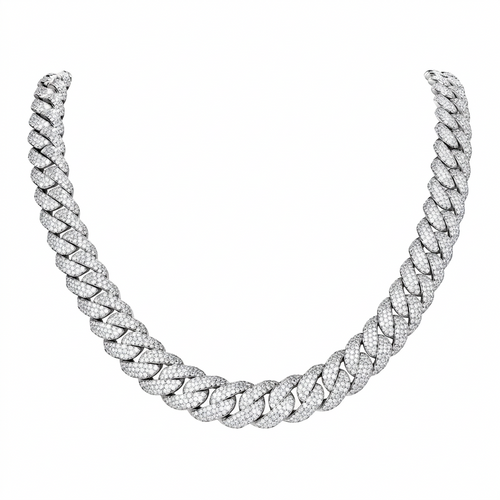 Silver-tone pavé Cuban chain in a front-facing U-shaped drape on white