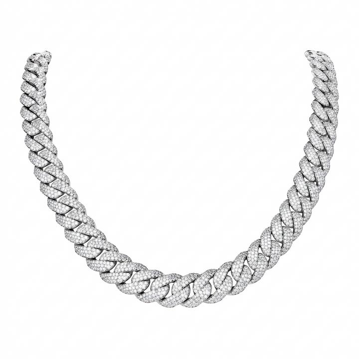 Silver-tone pavé Cuban chain in a front-facing U-shaped drape on white