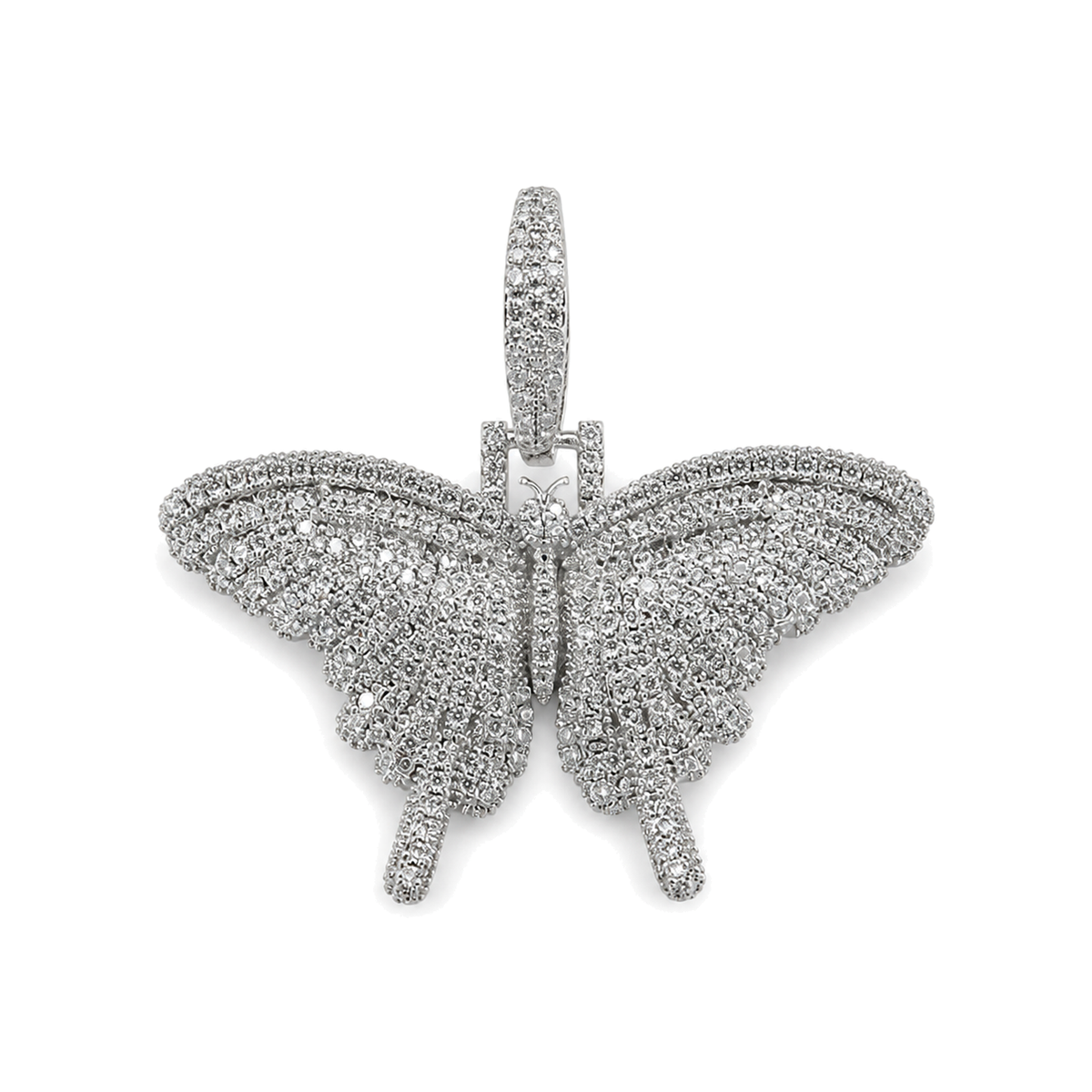 Silver mini solid iced butterfly pendant with clear cubic zirconia on white