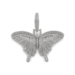 Silver mini solid iced butterfly pendant with clear cubic zirconia on white