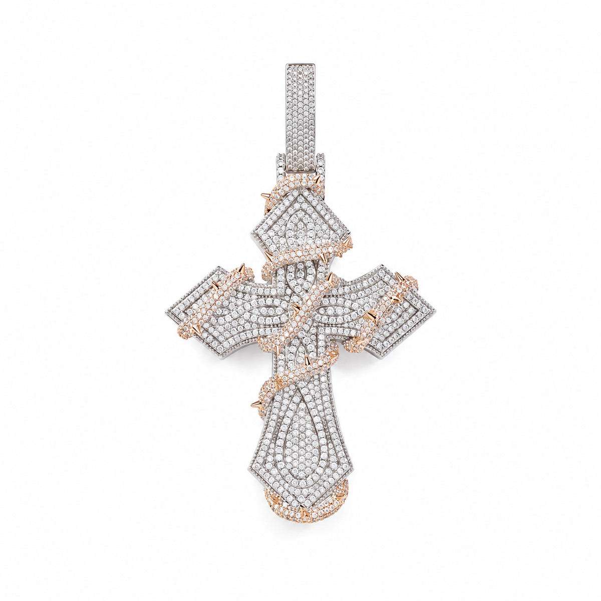Silver and Rose Gold iced thorn-wrapped cross pendant on white