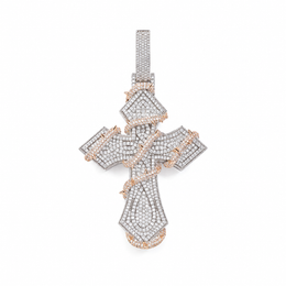 Silver and Rose Gold iced thorn-wrapped cross pendant on white