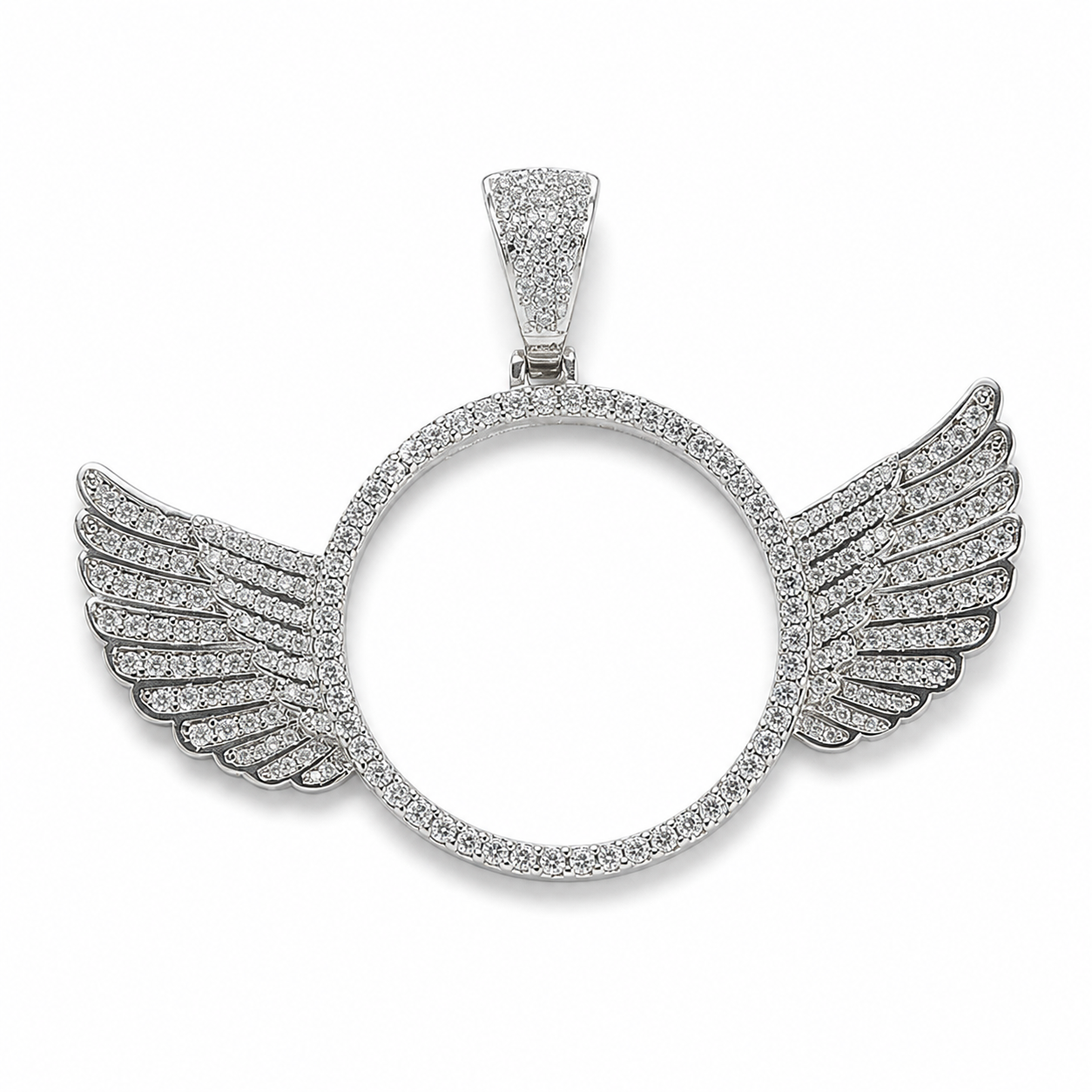 Silver 45mm winged custom photo pendant with cubic zirconia frame