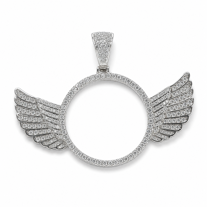Silver 45mm winged custom photo pendant with cubic zirconia frame