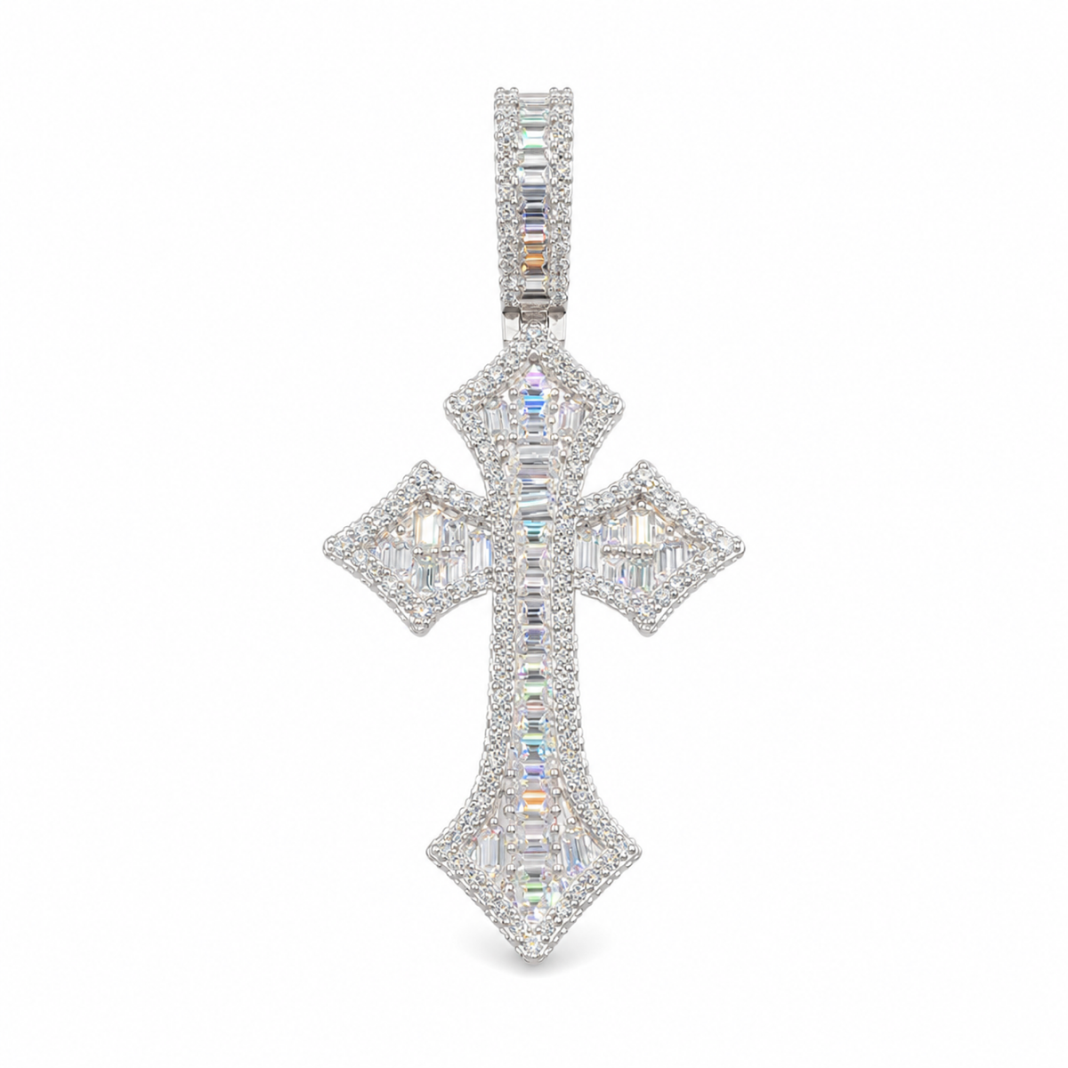24mm silver iced Gothic Moissanite cross pendant on white