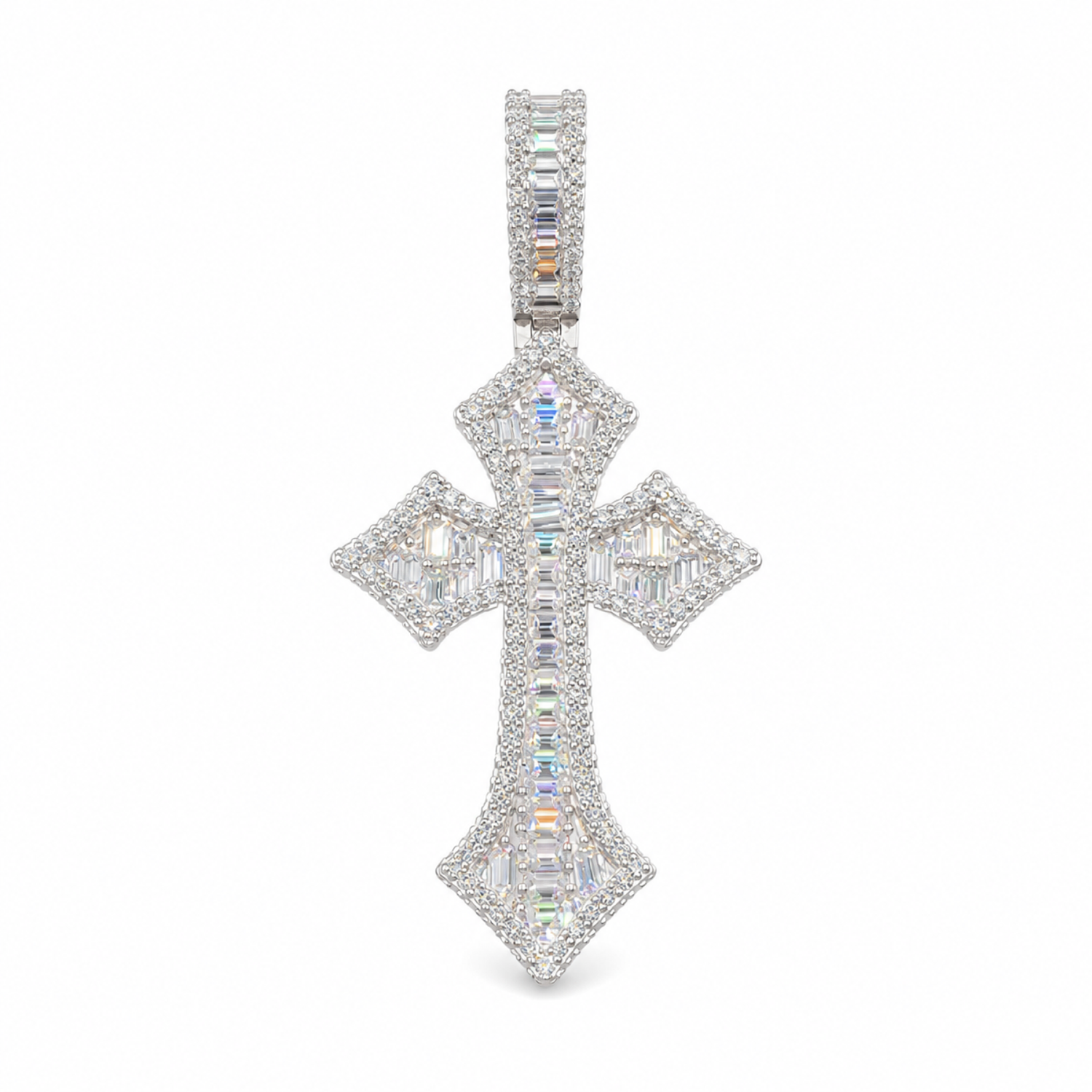 24mm silver iced Gothic Moissanite cross pendant on white