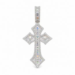 24mm silver iced Gothic Moissanite cross pendant on white