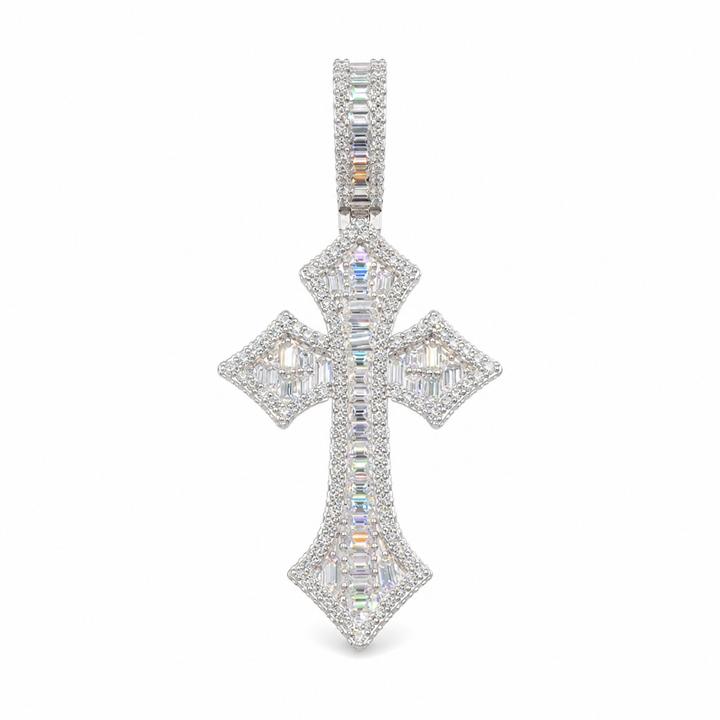 Silver-tone stone-set Gothic cross pendant with flared ends on white
