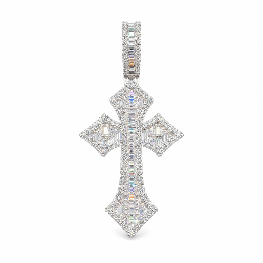 24mm silver iced Gothic Moissanite cross pendant on white