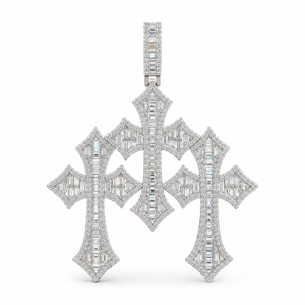 52mm silver triple Gothic Moissanite cross pendant on white