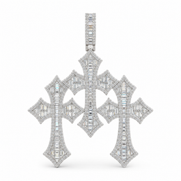 52mm silver triple Gothic Moissanite cross pendant on white