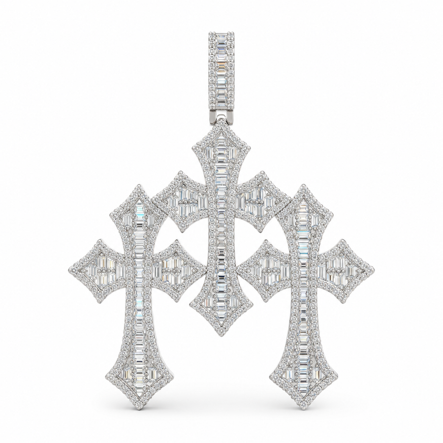 52mm silver triple Gothic Moissanite cross pendant on white