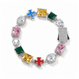 Multicolor CZ bracelet with blue and red cross links and a stone-set box clasp on white