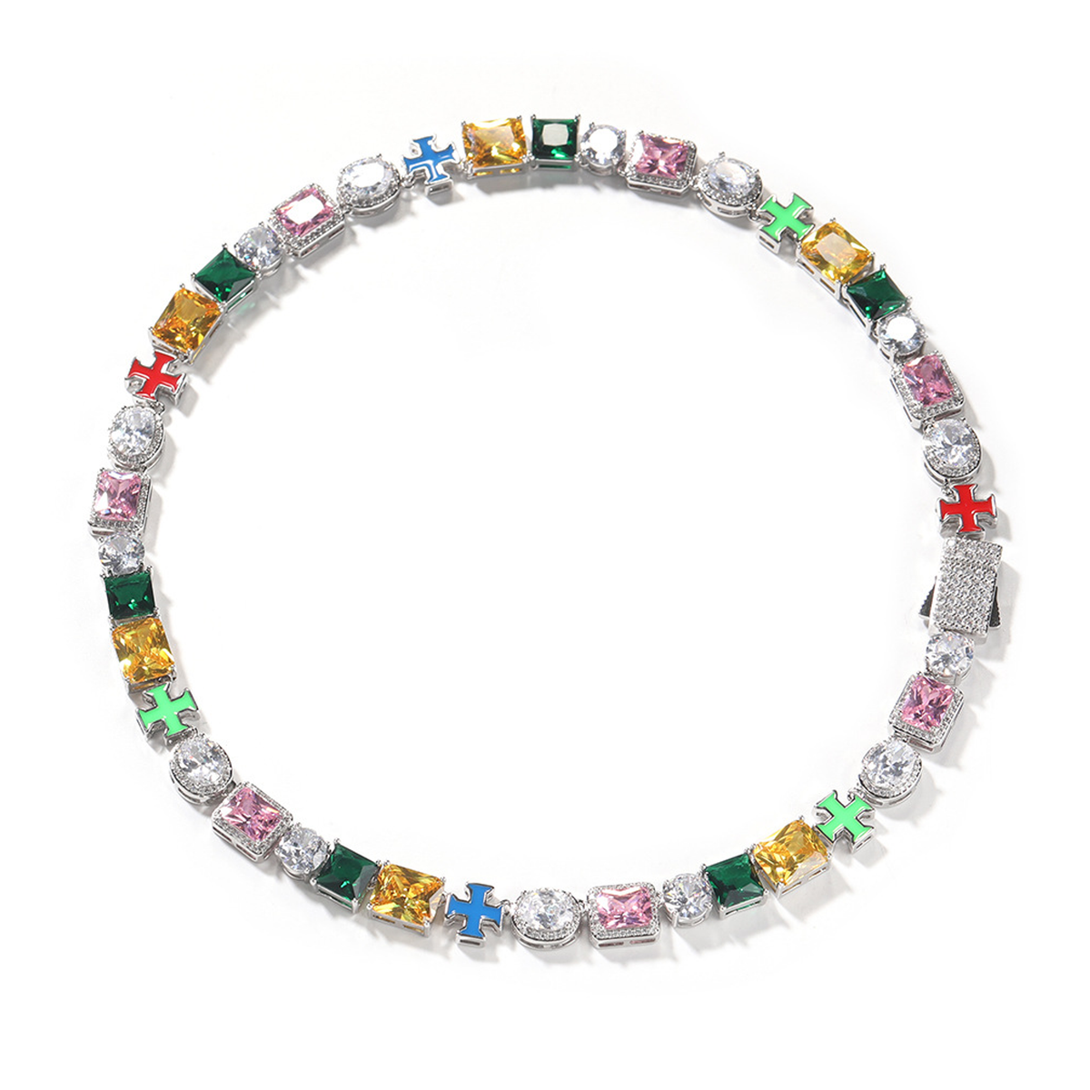 Multicolor CZ cross link necklace arranged in a circle on white, showing its box clasp
