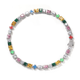 Multicolor CZ cross link necklace arranged in a circle on white, showing its box clasp
