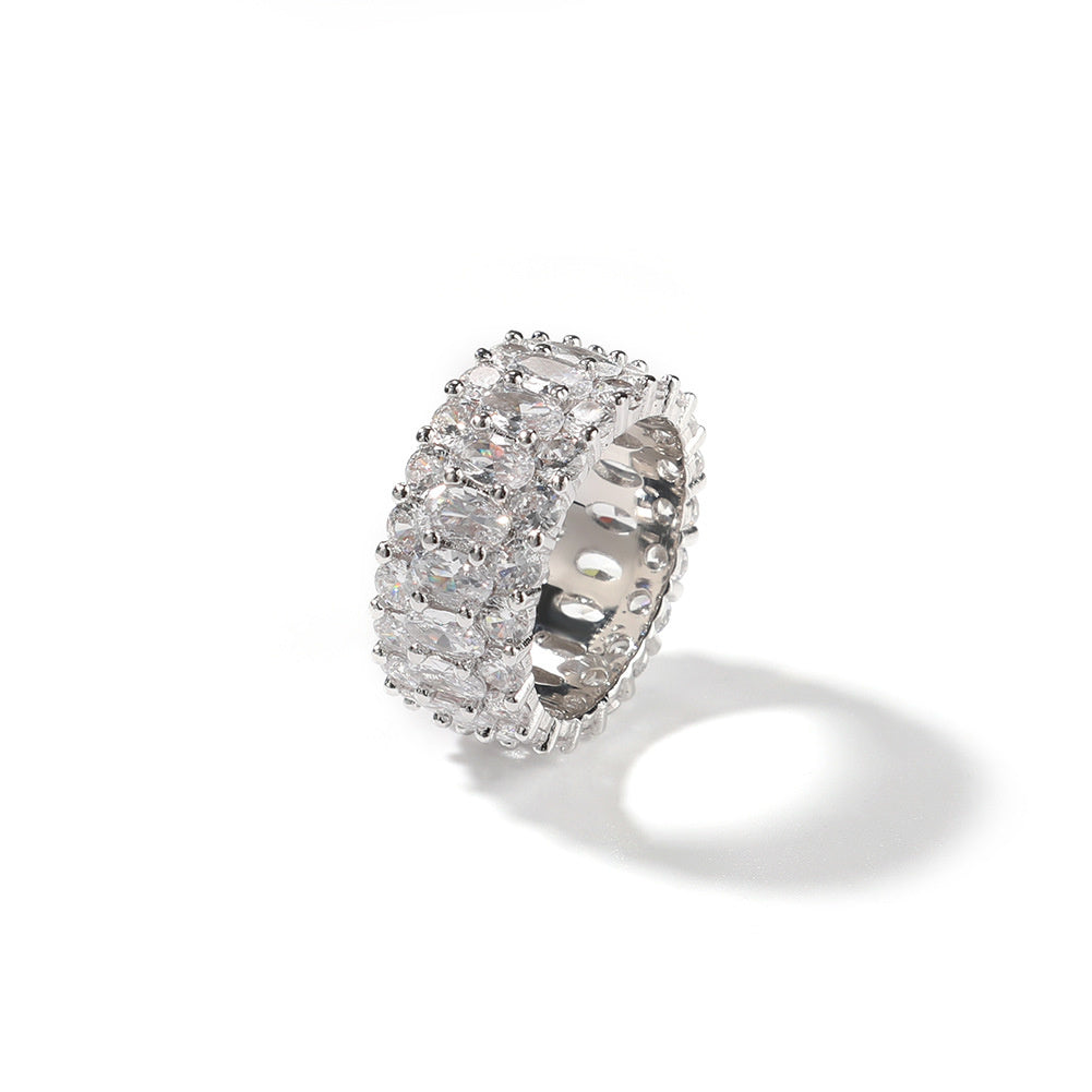 White-stone three-row oval ring standing on a white background