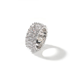 White-stone three-row oval ring standing on a white background