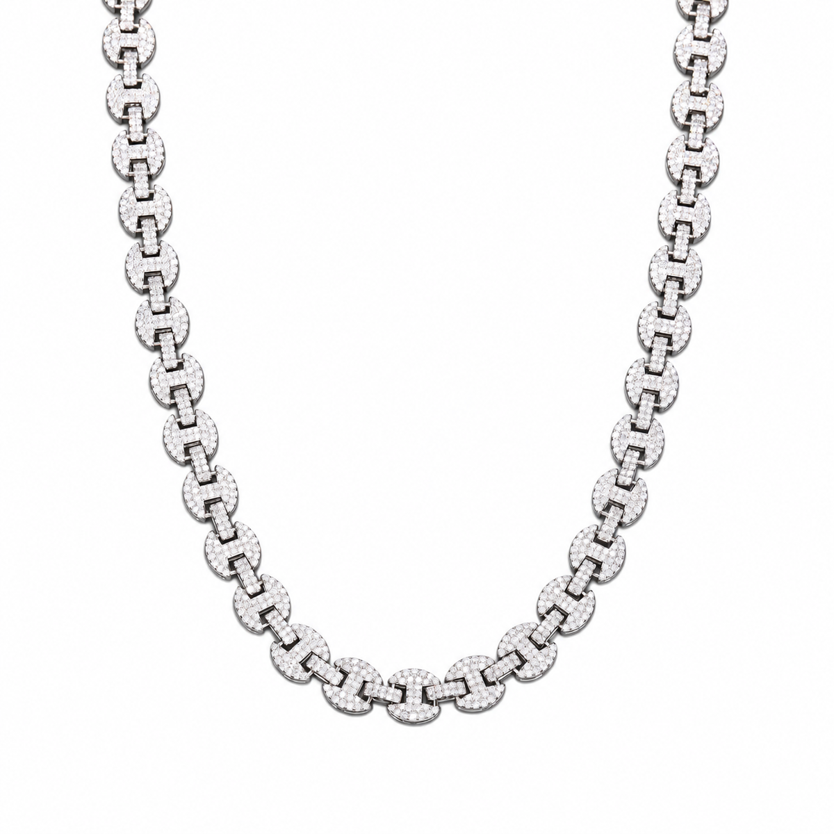 Silver-tone moissanite mariner link chain in a U-shaped drape on white