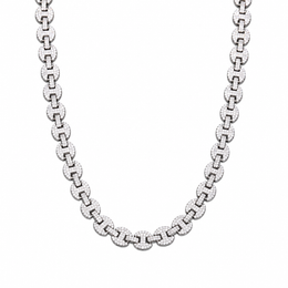 Silver-tone moissanite mariner link chain in a U-shaped drape on white